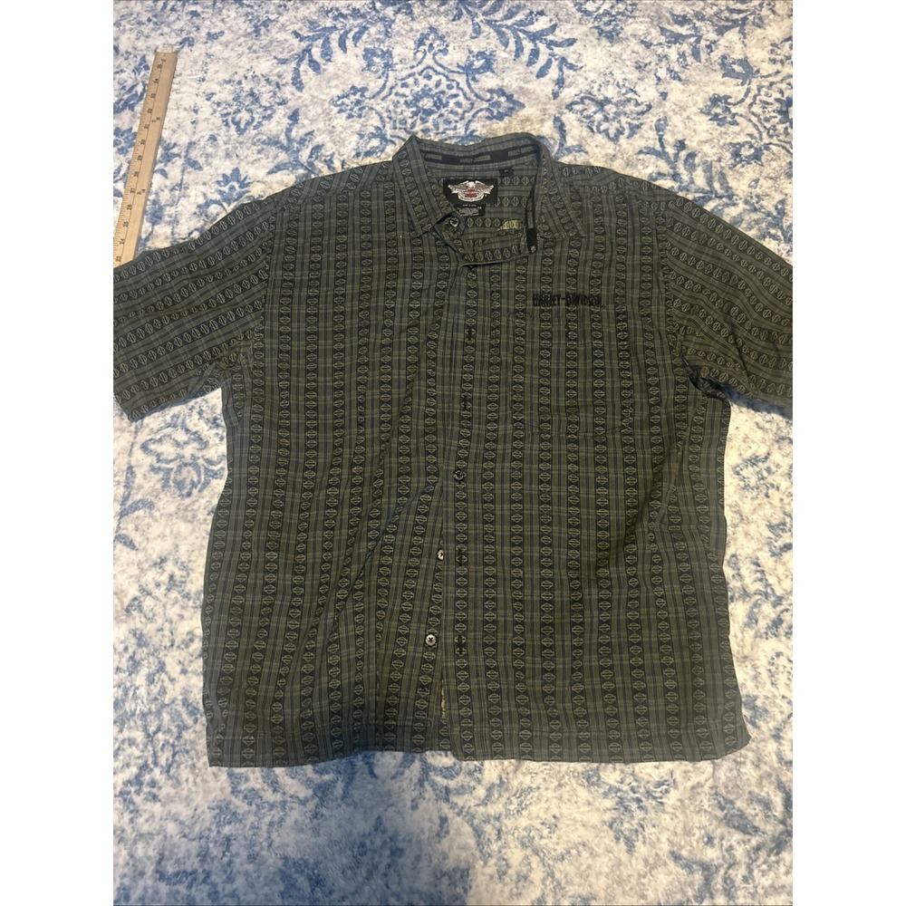 Harley Davidson Mens Short Sleeve Button Front All Over Print Shirt Size XL